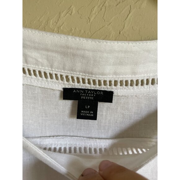 Ann Taylor Factory Size Large Petite White Boat Neck Short Puff Sleeve Linen Ble - Picture 5 of 8